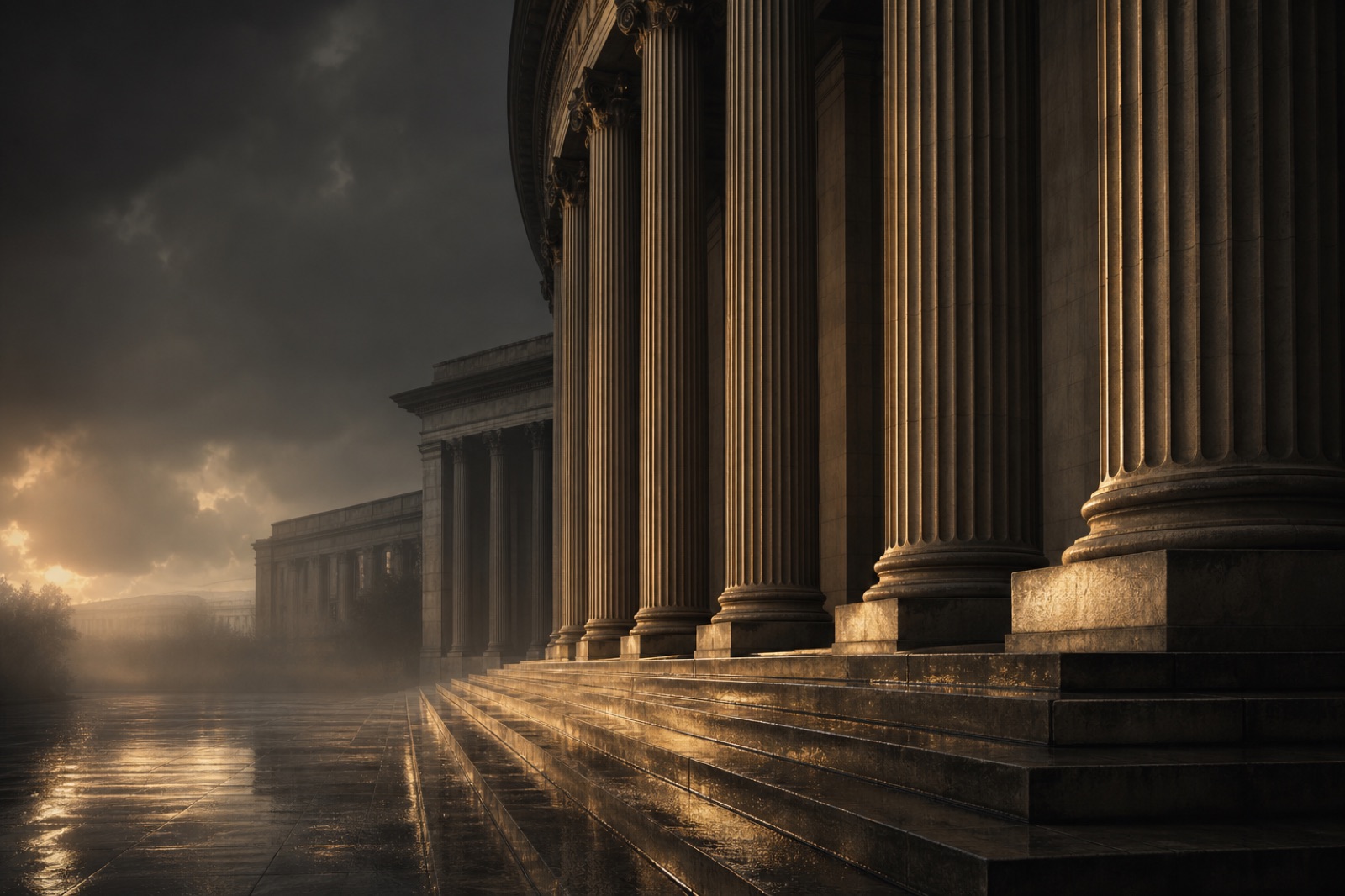 Neoclassical courthouse colonnade at dusk